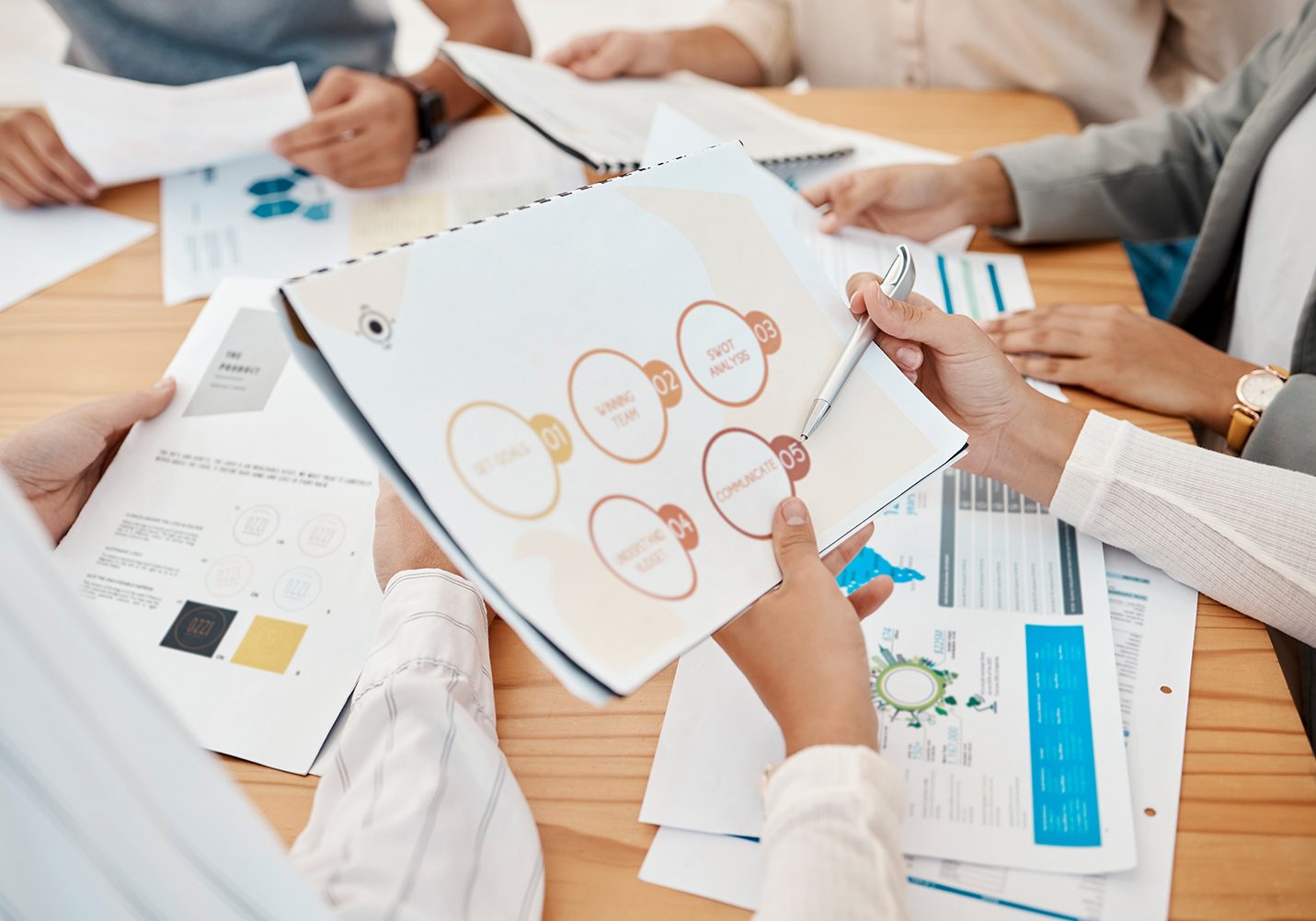 Group of professionals around a table reviewing documents; binder shows a circular diagram of steps